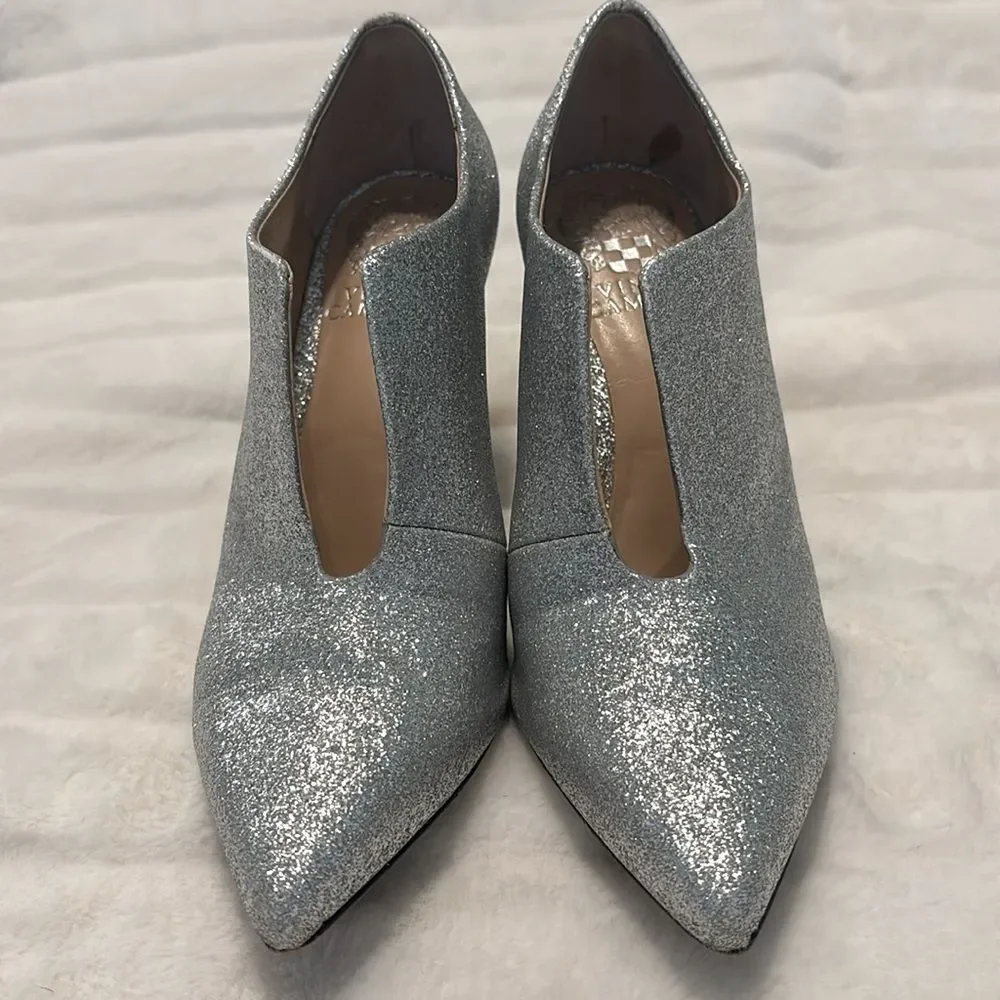Vince Camuto Metseya silver glitter pointed toe party stiletto bootie heels 5.5